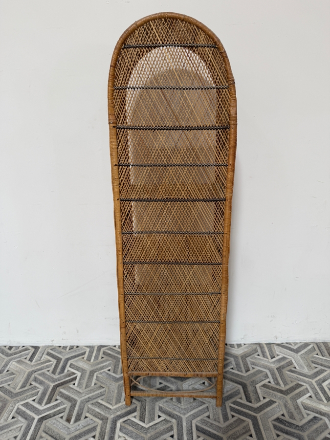 Vintage Boho Chic Woven Rattan And Wicker Arched Etagere Bookshelf With Cross Hatch Diamond Weave Panels 21'W X 14'D X 73'H [Photo 3]