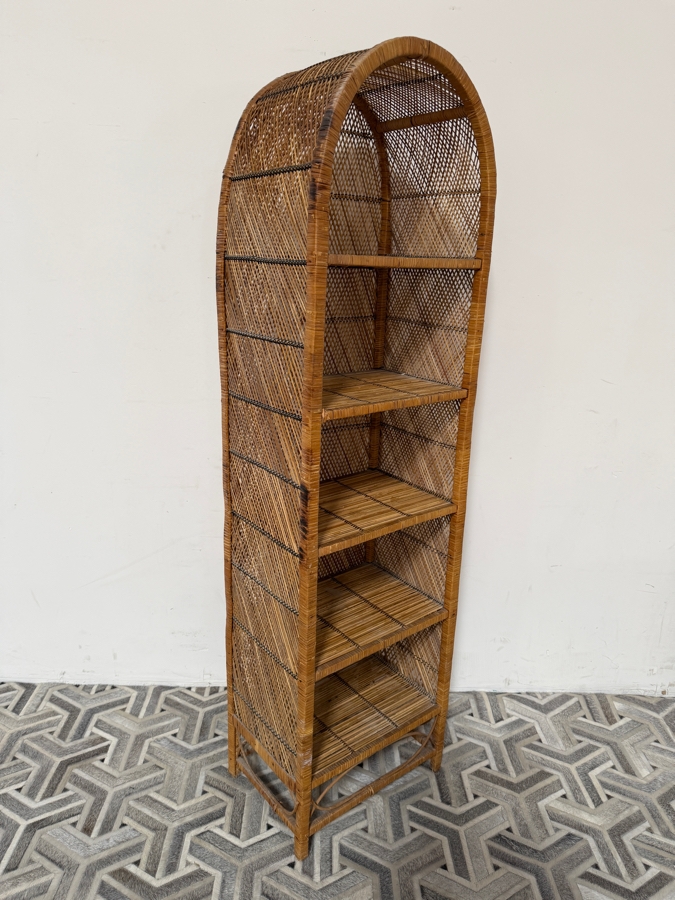 Vintage Boho Chic Woven Rattan And Wicker Arched Etagere Bookshelf With Cross Hatch Diamond Weave Panels 21'W X 14'D X 73'H [Photo 2]