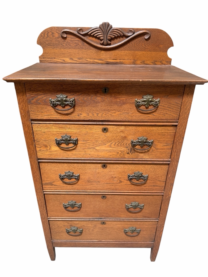 American Late Victorian Tiger Oak Five Drawer Tallboy Dresser Chest With Carved Palmette Splashback 30'W X 16.5'D X 54'H [Photo 2]