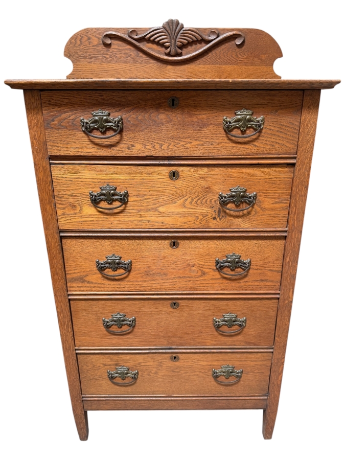 American Late Victorian Tiger Oak Five Drawer Tallboy Dresser Chest With Carved Palmette Splashback 30'W X 16.5'D X 54'H