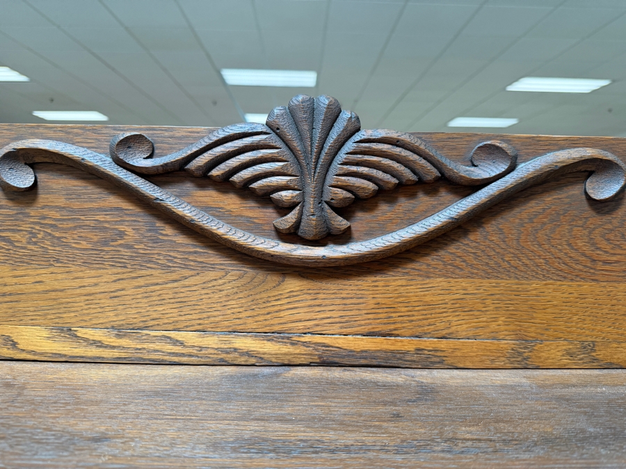 American Late Victorian Tiger Oak Five Drawer Tallboy Dresser Chest With Carved Palmette Splashback 30'W X 16.5'D X 54'H [Photo 4]