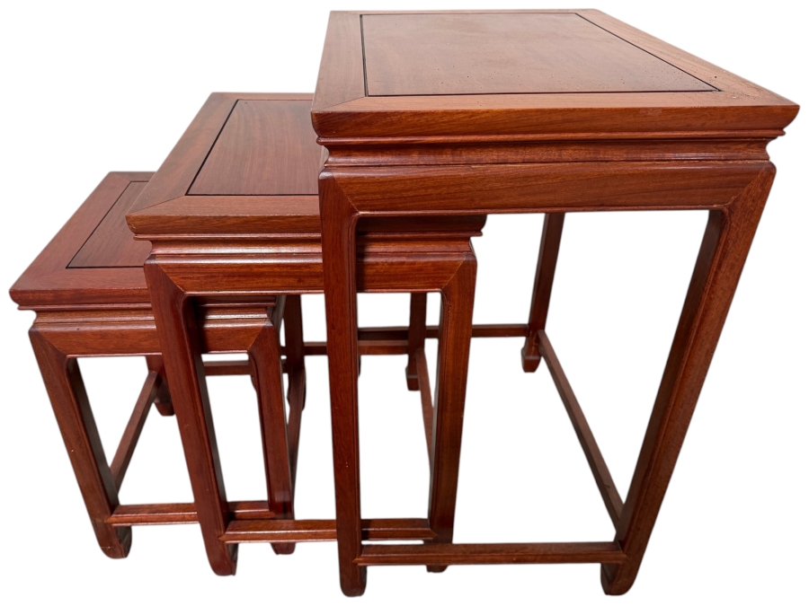 Vintage Chinese Wooden Nesting Side Tables Set Of Three With Floating Top Panels Largest: 20'W X 15'D X 25'H