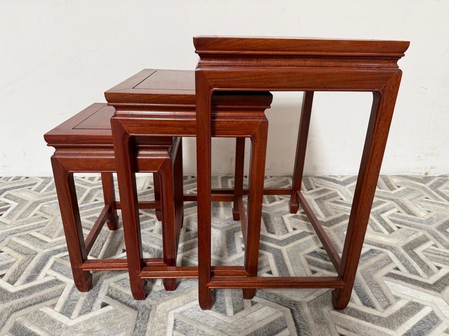Vintage Chinese Wooden Nesting Side Tables Set Of Three With Floating Top Panels Largest: 20'W X 15'D X 25'H [Photo 3]