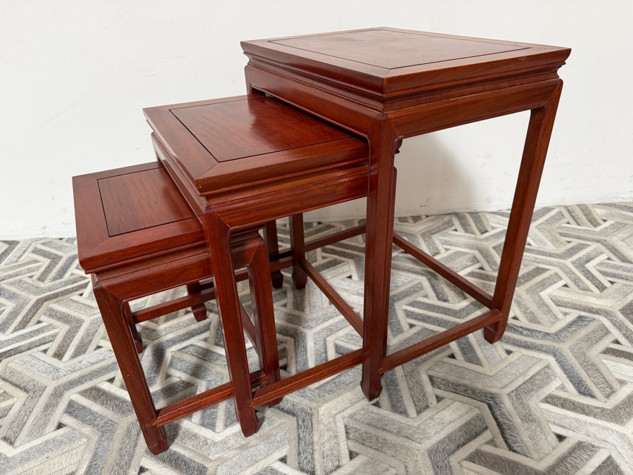 Vintage Chinese Wooden Nesting Side Tables Set Of Three With Floating Top Panels Largest: 20'W X 15'D X 25'H [Photo 2]
