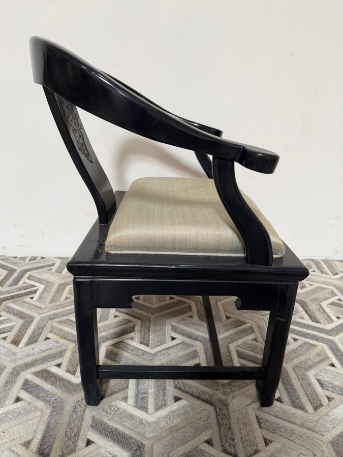Vintage Chinese Ebonized Black Lacquer Horseshoe Back Armchair With Carved Dragon Splat 26'W X 23'D X 31'H [Photo 6]