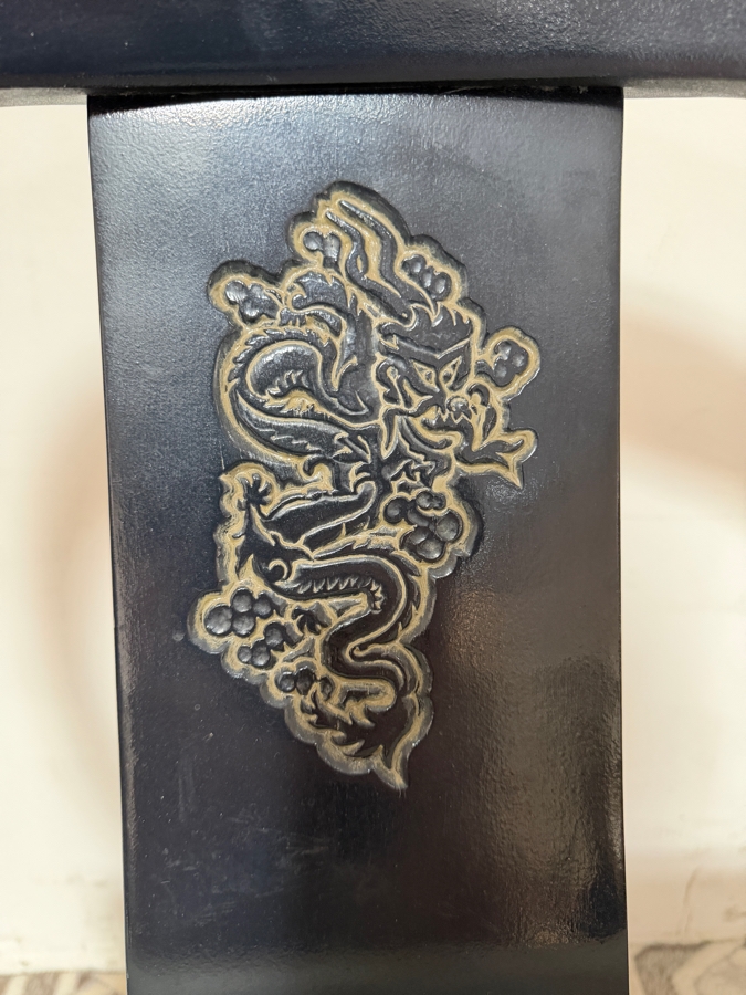 Vintage Chinese Ebonized Black Lacquer Horseshoe Back Armchair With Carved Dragon Splat 26'W X 23'D X 31'H [Photo 4]