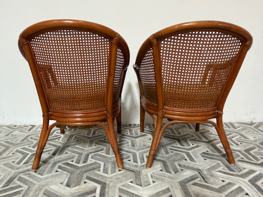 Pair Of Vintage Pacific Rattan Products Mid Century Modern Rattan Barrel Armchairs With Woven Cane Backrest Panels 26'W X 26'D X 33'H [Photo 4]
