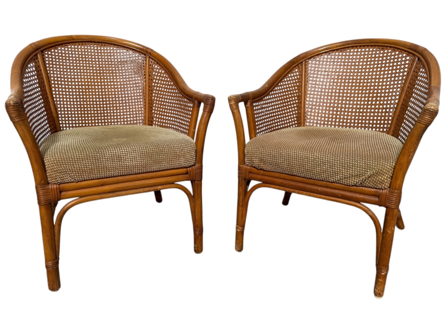 Pair Of Vintage Pacific Rattan Products Mid Century Modern Rattan Barrel Armchairs With Woven Cane Backrest Panels 26'W X 26'D X 33'H