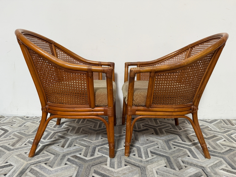 Pair Of Vintage Pacific Rattan Products Mid Century Modern Rattan Barrel Armchairs With Woven Cane Backrest Panels 26'W X 26'D X 33'H [Photo 3]