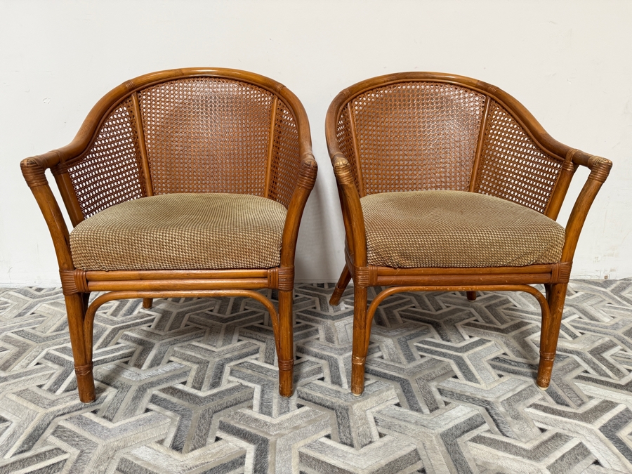 Pair Of Vintage Pacific Rattan Products Mid Century Modern Rattan Barrel Armchairs With Woven Cane Backrest Panels 26'W X 26'D X 33'H [Photo 2]