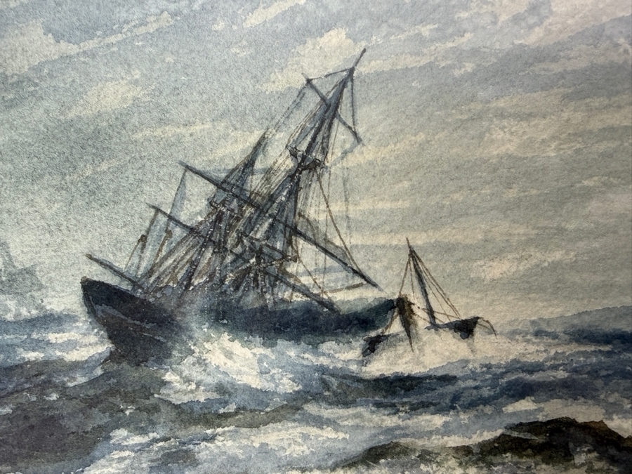 Antique 1897 Carl Russell Marine Watercolor Painting Of Sailing Ship In Stormy Seas Signed 9 X 6 Framed: 12 X 9.5 [Photo 3]