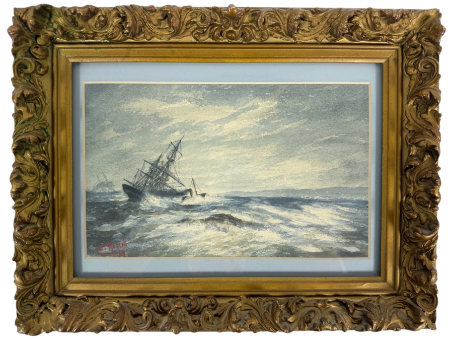 Antique 1897 Carl Russell Marine Watercolor Painting Of Sailing Ship In Stormy Seas Signed 9 X 6 Framed: 12 X 9.5