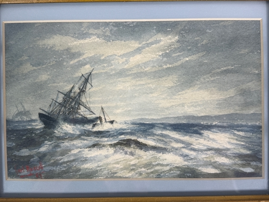 Antique 1897 Carl Russell Marine Watercolor Painting Of Sailing Ship In Stormy Seas Signed 9 X 6 Framed: 12 X 9.5 [Photo 2]