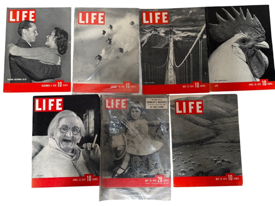 Collection Of Seven Vintage 1937 To 1949 LIFE Magazines Featuring Golden Gate Bridge And Rooster Covers