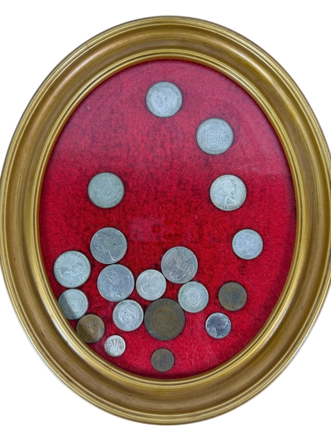 Framed Mixed Collection Of Vintage Australian Pre-Decimal And Great Britain Coins
