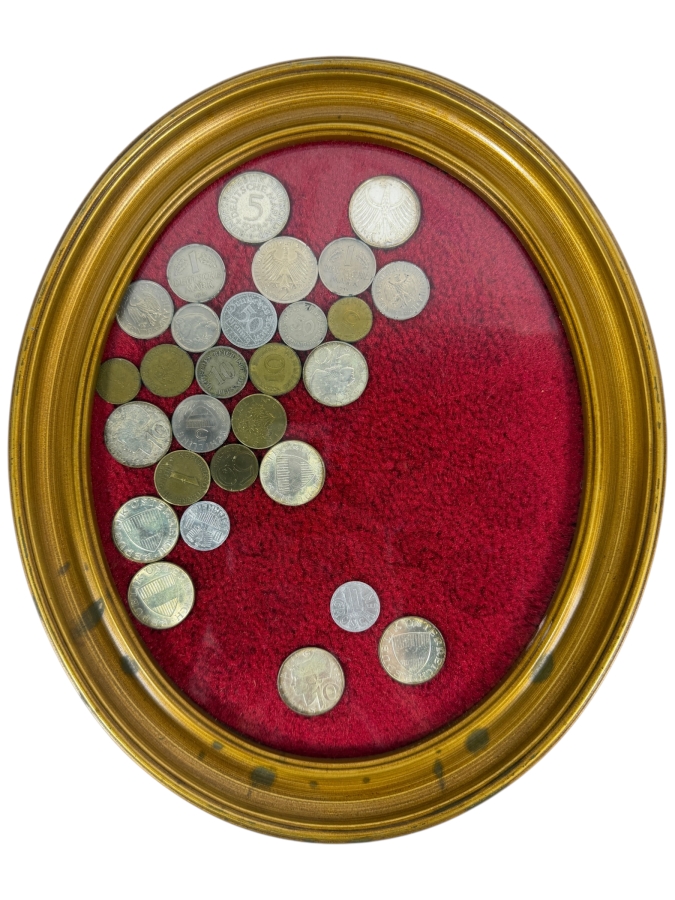 Framed Mixed Collection Of Vintage Pre-Euro West German Deutsche Mark and Austrian Schilling Coins