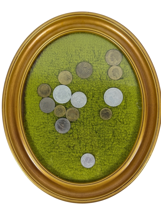 Framed Mixed Collection Of Vintage French Pre-Euro Coins Featuring 1940s WWII Vichy Regime 2 Francs