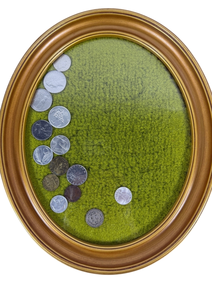 Framed Mixed Collection Of Vintage Pre-Euro Italian Lire Coins Featuring 1950s Aluminum 10 Lire