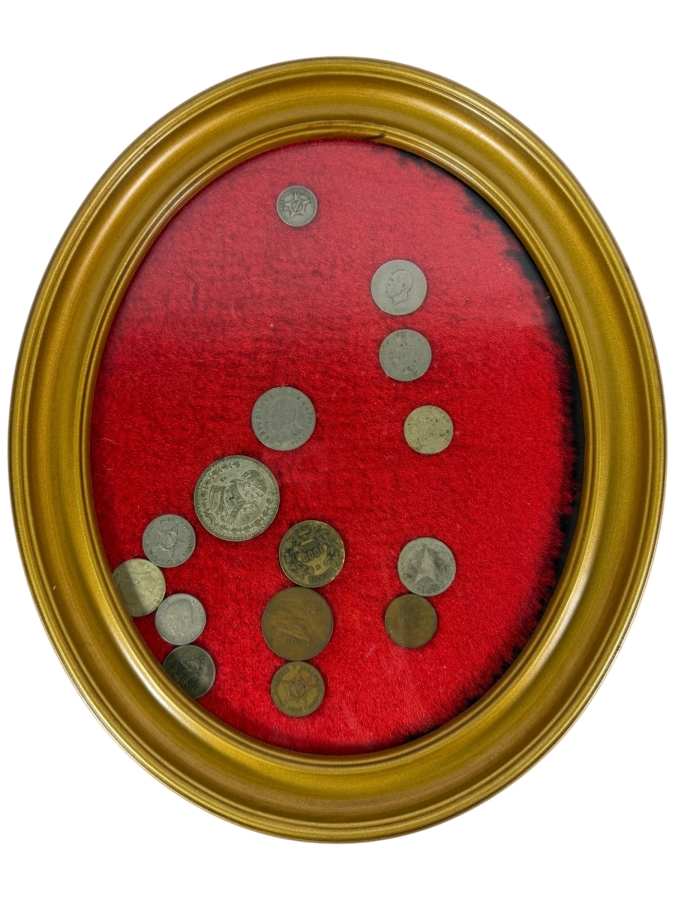 Framed Vintage International Coin Collection Featuring Chilean Pesos