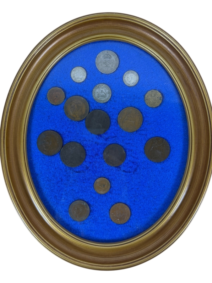 Framed Vintage Collection Of British United Kingdom Coins Featuring Shillings