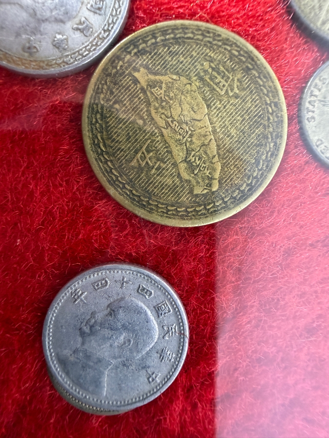 Framed Vintage Assorted Asian Coins Collection Featuring Japanese And Taiwanese Issues [Photo 4]