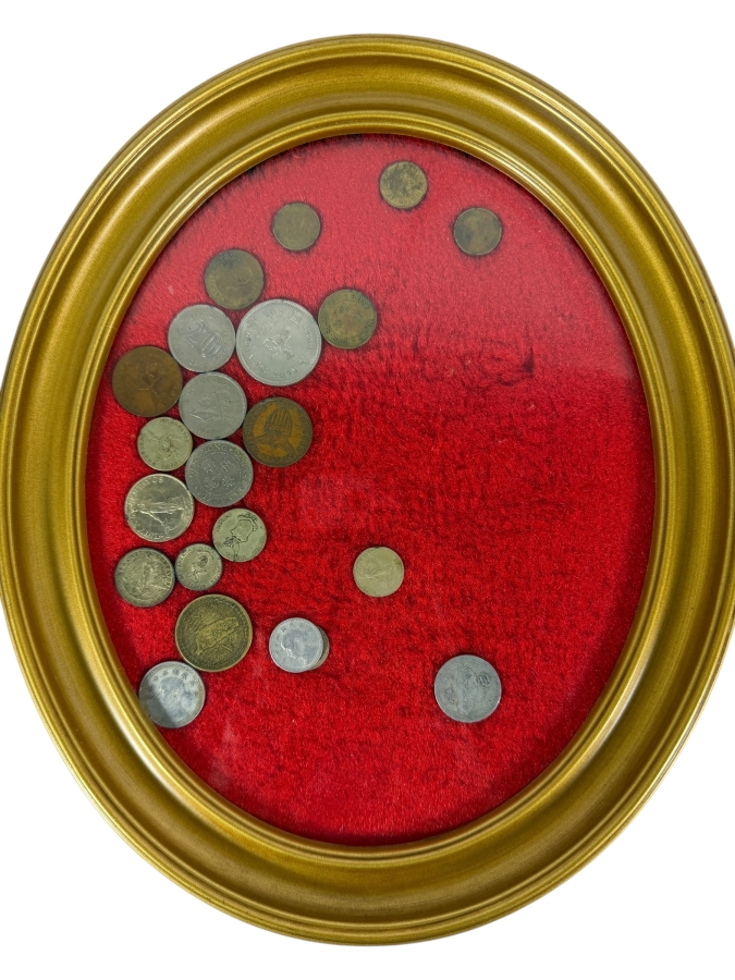 Framed Vintage Assorted Asian Coins Collection Featuring Japanese And Taiwanese Issues