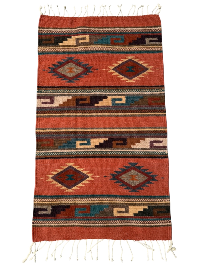Handwoven Southwestern Style Terracotta Zapotec Wool Textile Rug 23' X 40'