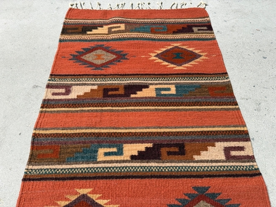Handwoven Southwestern Style Terracotta Zapotec Wool Textile Rug 23' X 40' [Photo 3]