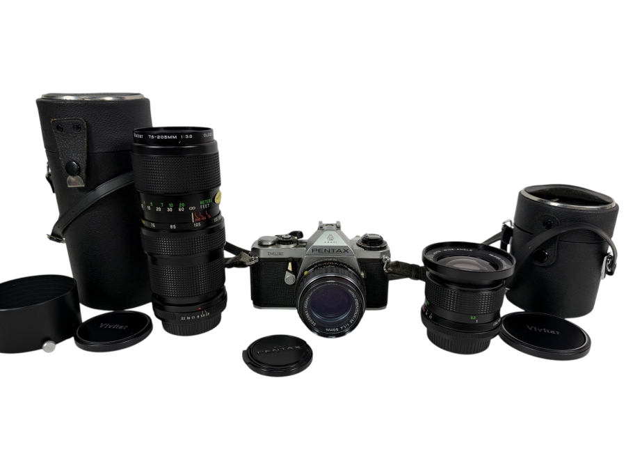 Vintage Pentax ME 35mm SLR Camera Kit With Pair of Vivitar Lenses