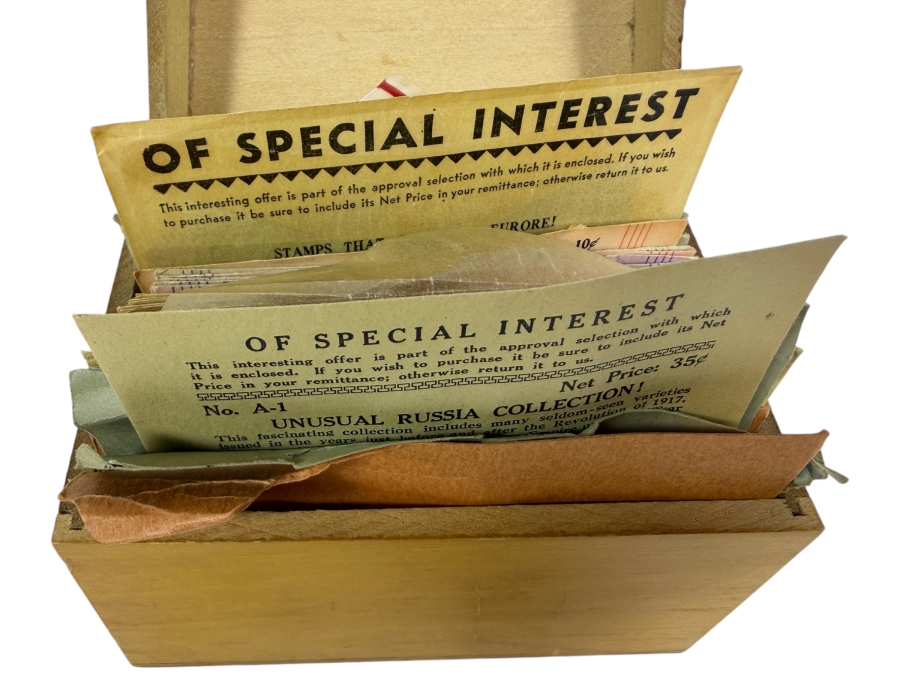 Vintage Wooden Index Box Containing Mid Century Mail Order Stamps