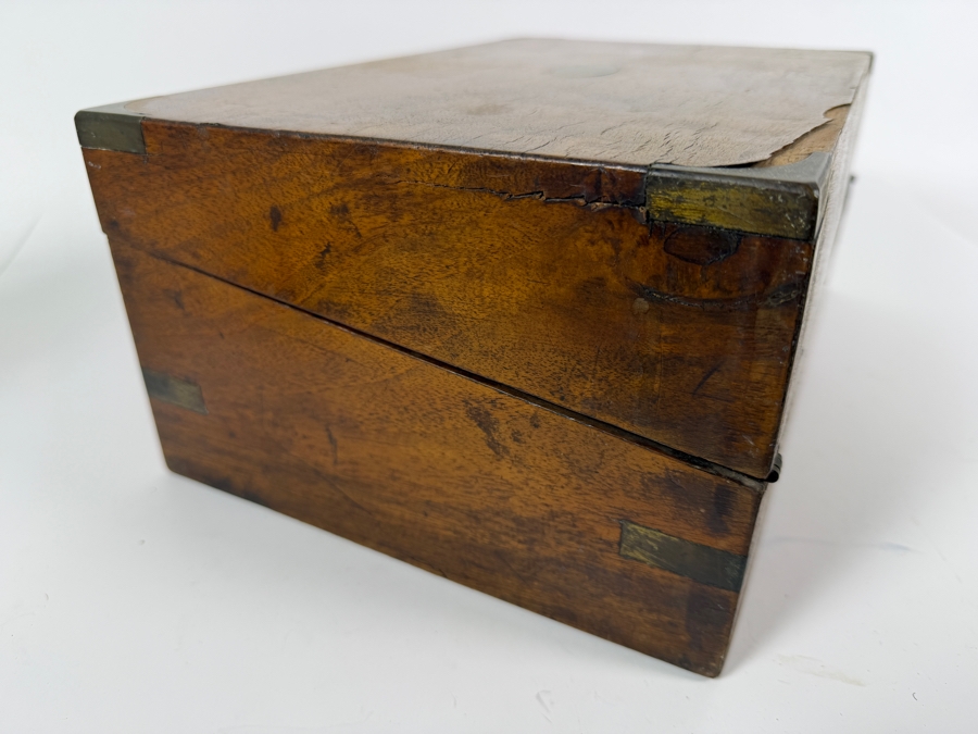 Antique Victorian Mahogany Writing Slope Box With Gold Tooled Green Leather Insert Key And Dual Brass Inkwells 13.5'W X 9'D X 6'H [Photo 11]