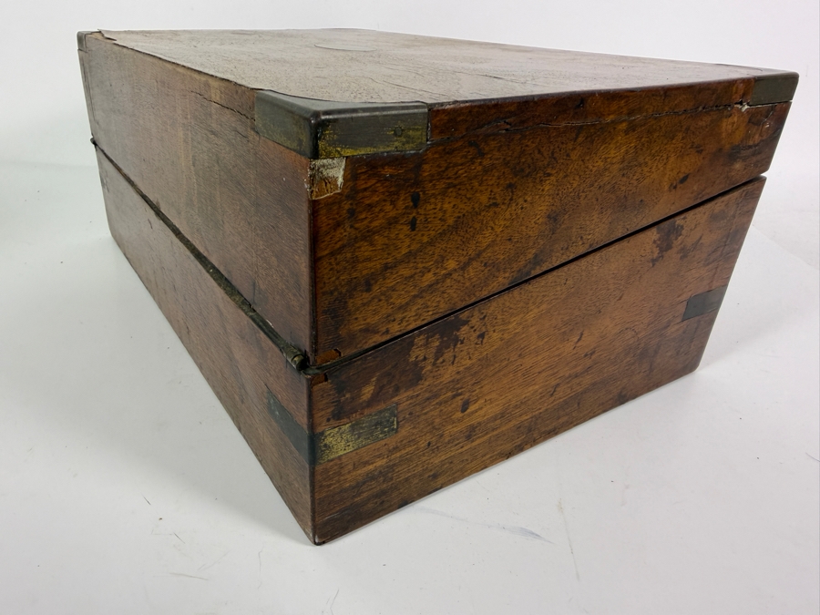 Antique Victorian Mahogany Writing Slope Box With Gold Tooled Green Leather Insert Key And Dual Brass Inkwells 13.5'W X 9'D X 6'H [Photo 9]