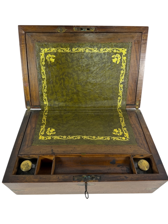 Antique Victorian Mahogany Writing Slope Box With Gold Tooled Green Leather Insert Key And Dual Brass Inkwells 13.5'W X 9'D X 6'H