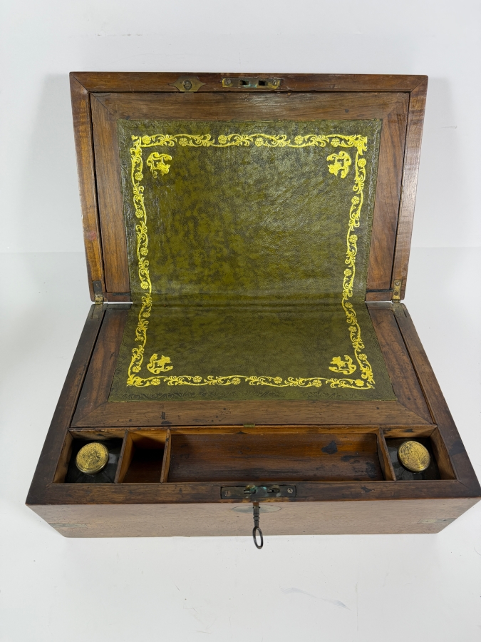 Antique Victorian Mahogany Writing Slope Box With Gold Tooled Green Leather Insert Key And Dual Brass Inkwells 13.5'W X 9'D X 6'H [Photo 2]