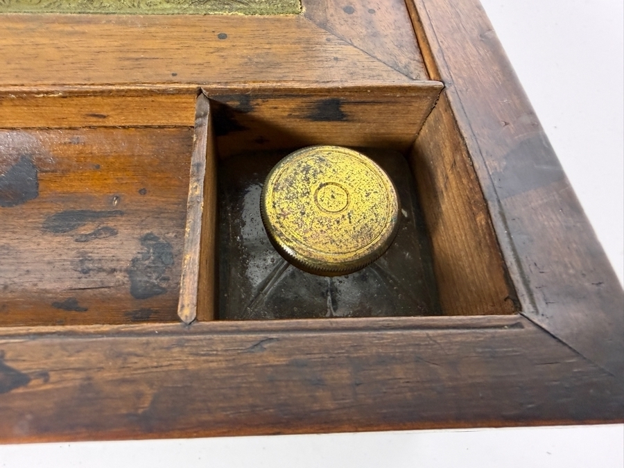 Antique Victorian Mahogany Writing Slope Box With Gold Tooled Green Leather Insert Key And Dual Brass Inkwells 13.5'W X 9'D X 6'H [Photo 7]