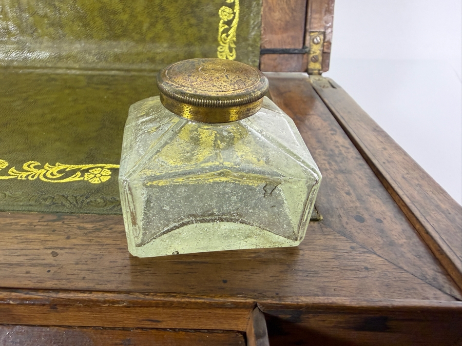 Antique Victorian Mahogany Writing Slope Box With Gold Tooled Green Leather Insert Key And Dual Brass Inkwells 13.5'W X 9'D X 6'H [Photo 8]