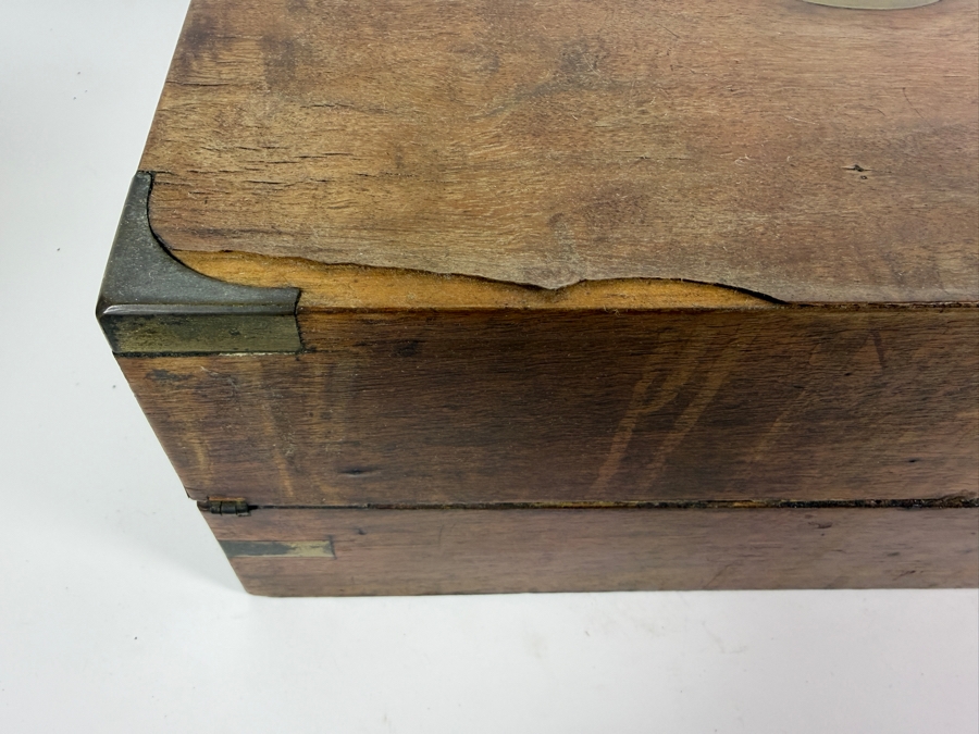 Antique Victorian Mahogany Writing Slope Box With Gold Tooled Green Leather Insert Key And Dual Brass Inkwells 13.5'W X 9'D X 6'H [Photo 10]