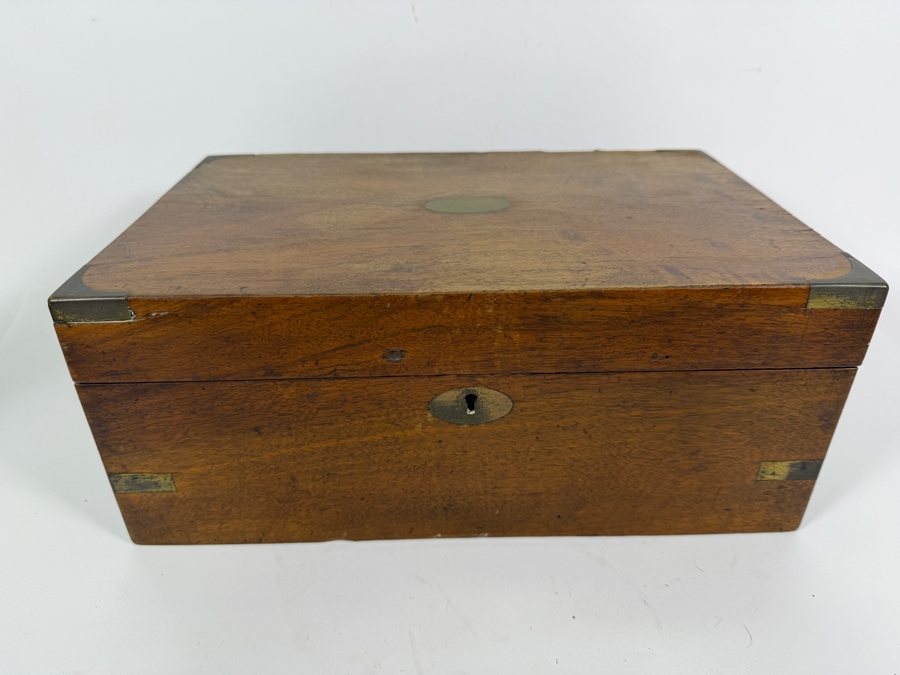 Antique Victorian Mahogany Writing Slope Box With Gold Tooled Green Leather Insert Key And Dual Brass Inkwells 13.5'W X 9'D X 6'H [Photo 3]