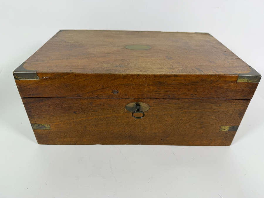 Antique Victorian Mahogany Writing Slope Box With Gold Tooled Green Leather Insert Key And Dual Brass Inkwells 13.5'W X 9'D X 6'H [Photo 5]