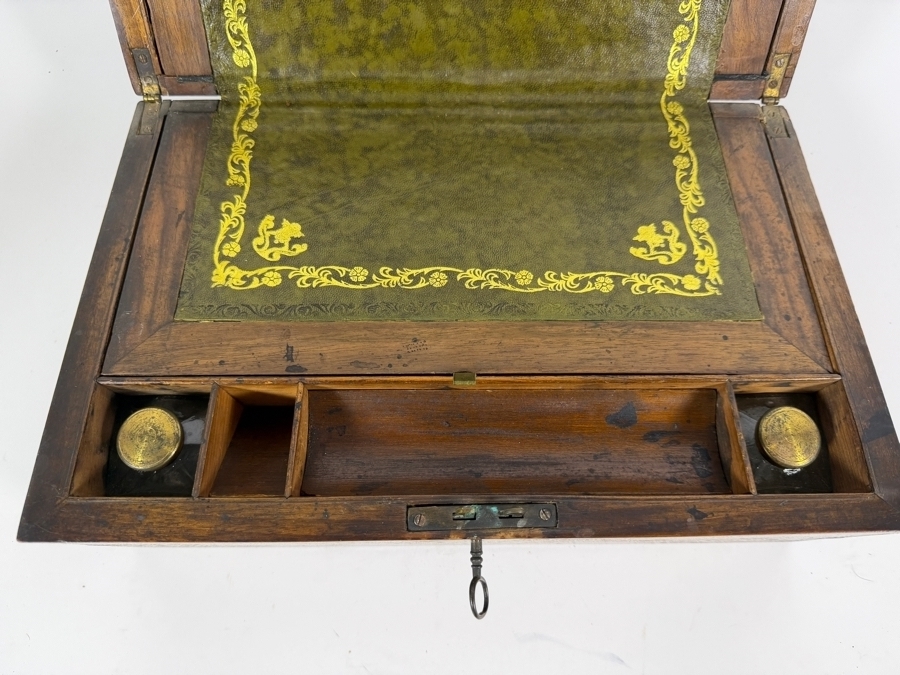 Antique Victorian Mahogany Writing Slope Box With Gold Tooled Green Leather Insert Key And Dual Brass Inkwells 13.5'W X 9'D X 6'H [Photo 6]