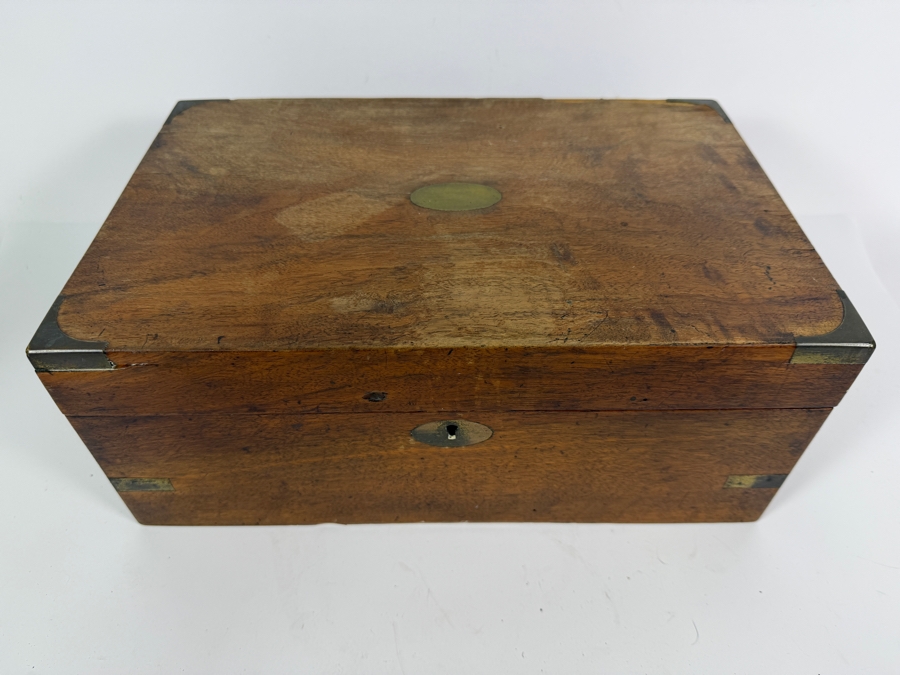 Antique Victorian Mahogany Writing Slope Box With Gold Tooled Green Leather Insert Key And Dual Brass Inkwells 13.5'W X 9'D X 6'H [Photo 4]