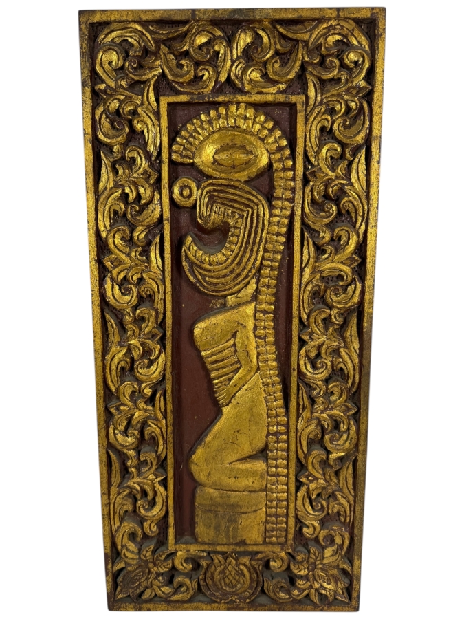 Vintage Mid Century Balinese Hand Carved Gilt Wood Relief Panel Featuring Stylized Figural Central Motif And Ornate Floral Vine Border 11 X 25
