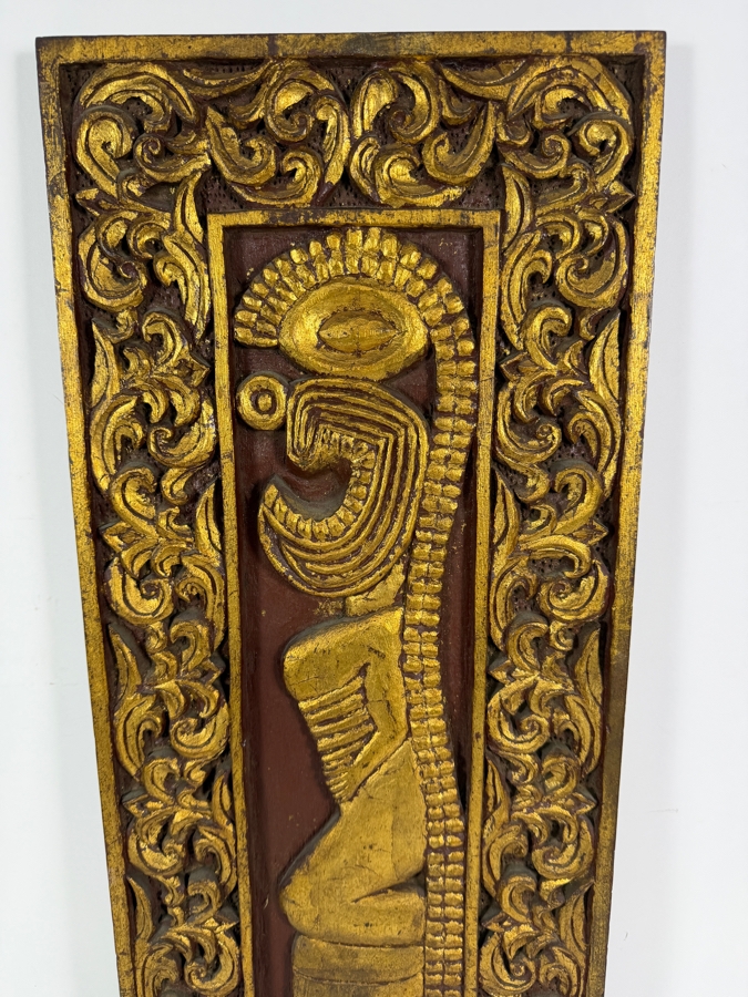 Vintage Mid Century Balinese Hand Carved Gilt Wood Relief Panel Featuring Stylized Figural Central Motif And Ornate Floral Vine Border 11 X 25 [Photo 2]