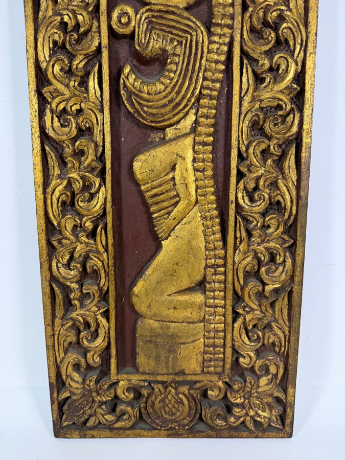 Vintage Mid Century Balinese Hand Carved Gilt Wood Relief Panel Featuring Stylized Figural Central Motif And Ornate Floral Vine Border 11 X 25 [Photo 3]