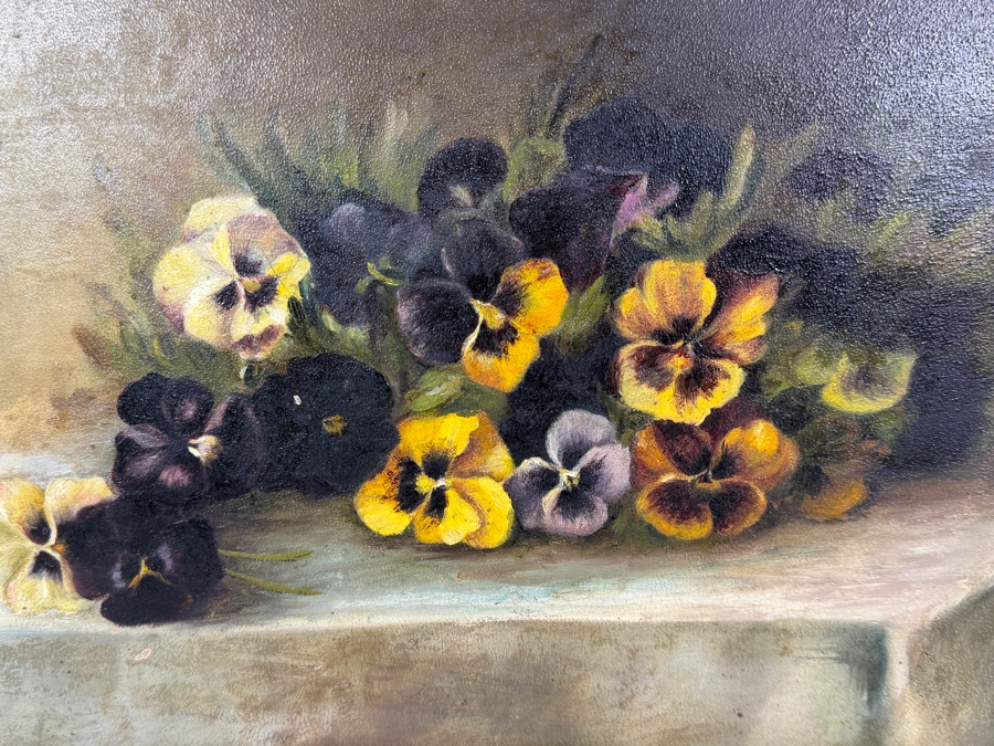 Antique 1888 Floral Still Life Oil On Canvas Painting Depicting Pansies In Ornate Gilt Composition Frame Signed Initials A.D.S. 18.5' X 12' Framed: 22.5' X 16.5' [Photo 2]