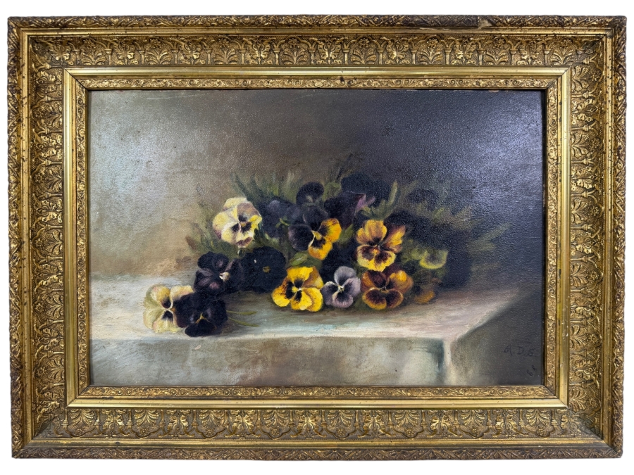 Antique 1888 Floral Still Life Oil On Canvas Painting Depicting Pansies In Ornate Gilt Composition Frame Signed Initials A.D.S. 18.5' X 12' Framed: 22.5' X 16.5'