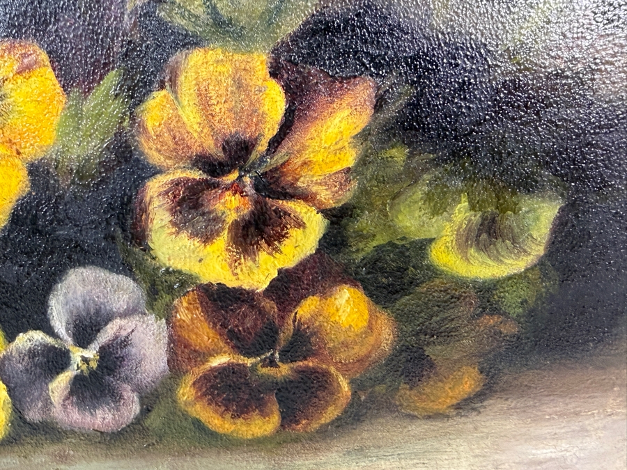 Antique 1888 Floral Still Life Oil On Canvas Painting Depicting Pansies In Ornate Gilt Composition Frame Signed Initials A.D.S. 18.5' X 12' Framed: 22.5' X 16.5' [Photo 3]