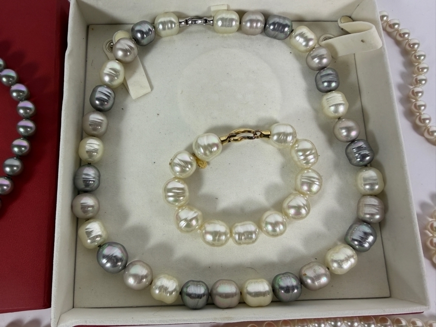 Collection Of Vintage Majorica Spanish Simulated Pearl Costume Jewelry Including Grey Choker White Opera Length Strand And Multi Tonal Baroque Necklace Bracelet Set With Box [Photo 2]
