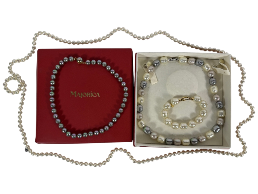 Collection Of Vintage Majorica Spanish Simulated Pearl Costume Jewelry Including Grey Choker White Opera Length Strand And Multi Tonal Baroque Necklace Bracelet Set With Box
