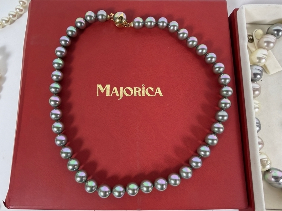 Collection Of Vintage Majorica Spanish Simulated Pearl Costume Jewelry Including Grey Choker White Opera Length Strand And Multi Tonal Baroque Necklace Bracelet Set With Box [Photo 3]